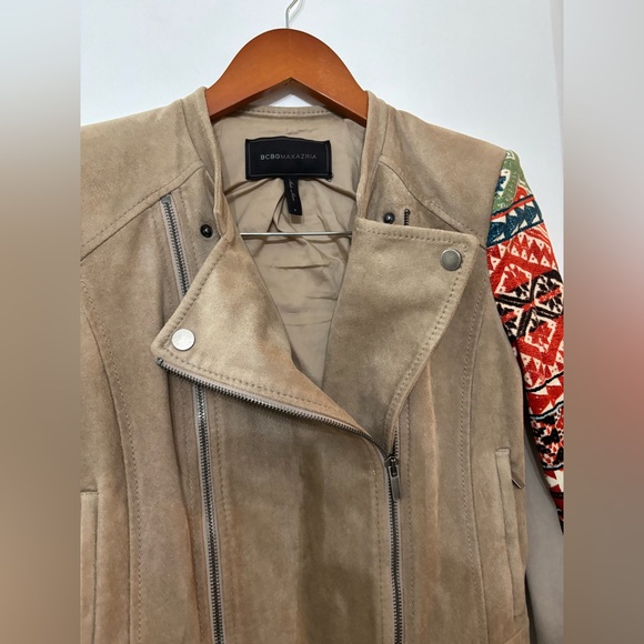 BCBGMAXAZRIA Women Tan Aztec/Tribal Print Faux Suede Peter Moto Jacket Small - Picture 5 of 15